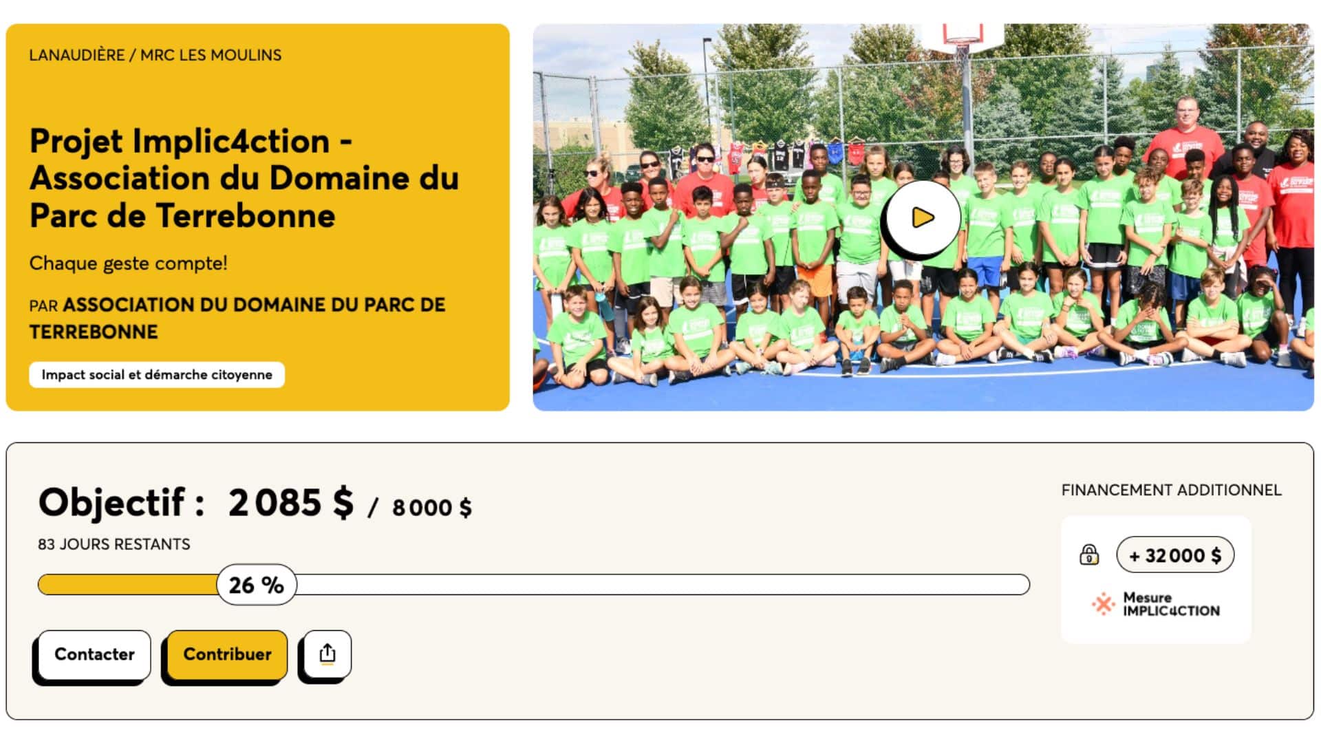 sociofinancement sur la ruche objectif de 8000 pour le projet implic4ction 2085$ sur 8000$